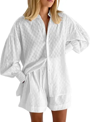 Linen Shorts Set for Women Long Sleeve Button down Shirts Matching Boxer Shorts Sets Loungewear Track Suits Sweat Suit