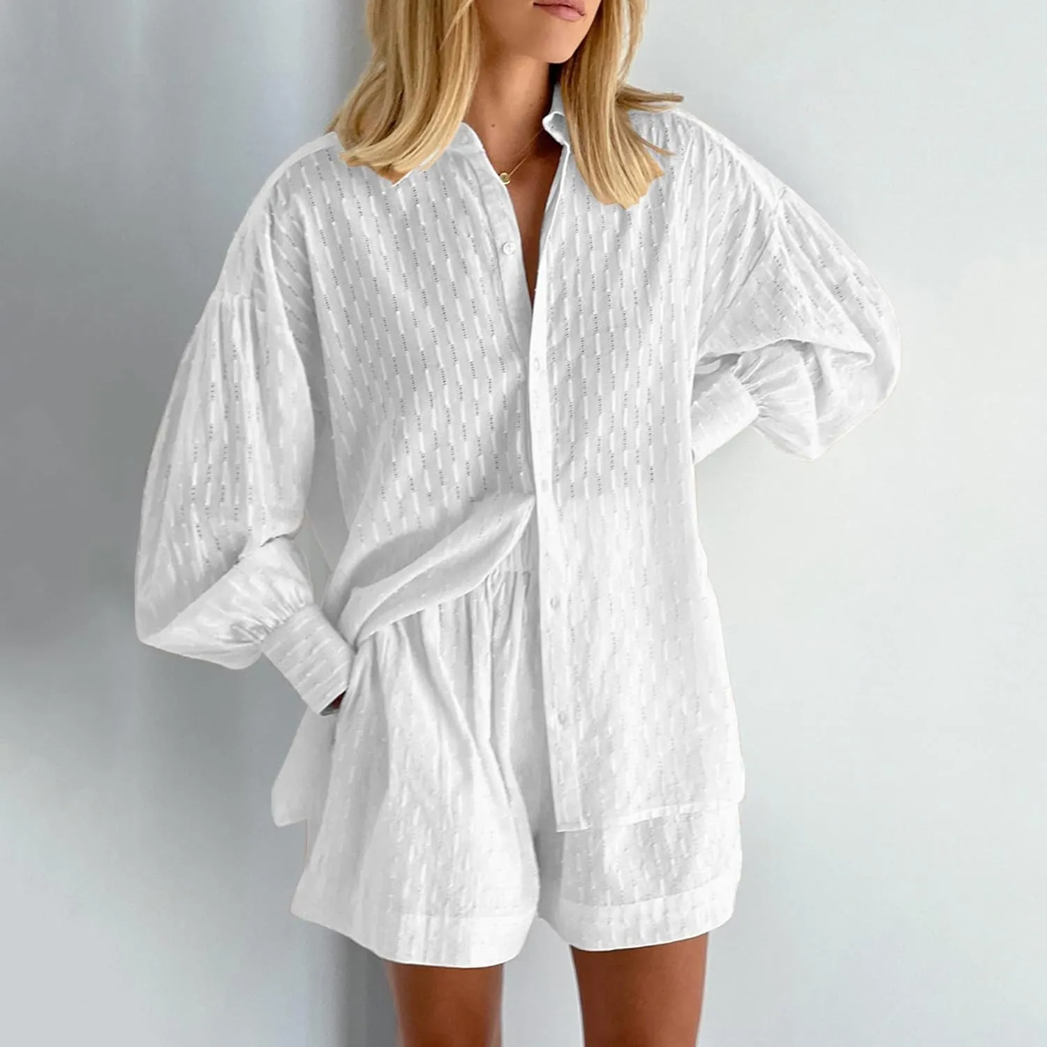 Linen Shorts Set for Women Long Sleeve Button down Shirts Matching Boxer Shorts Sets Loungewear Track Suits Sweat Suit