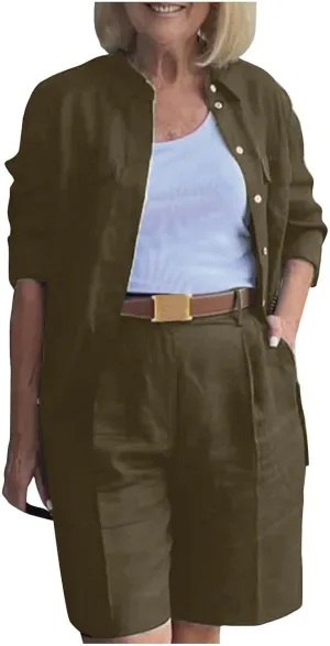 Linen Two Piece Set for Women Two Piece Tracksuit Button down 3/4 Sleeve Shirt and Shorts Set Track Suits Sweat Suit