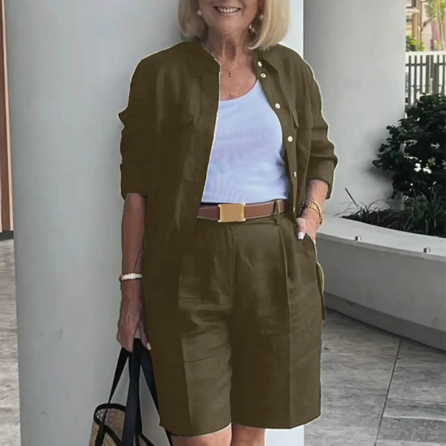 Linen Two Piece Set for Women Two Piece Tracksuit Button down 3/4 Sleeve Shirt and Shorts Set Track Suits Sweat Suit
