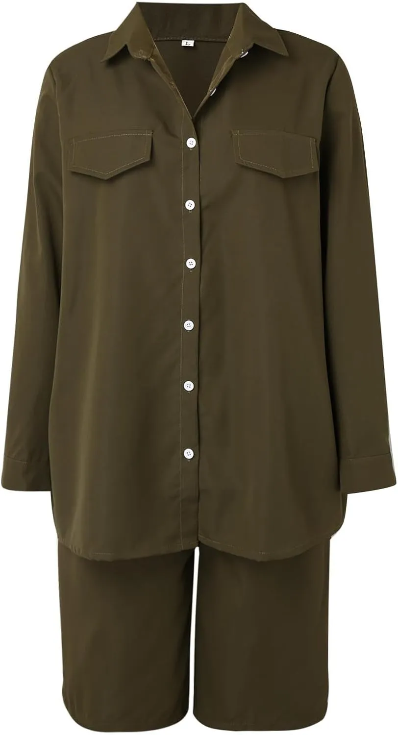 Linen Two Piece Set for Women Two Piece Tracksuit Button down 3/4 Sleeve Shirt and Shorts Set Track Suits Sweat Suit