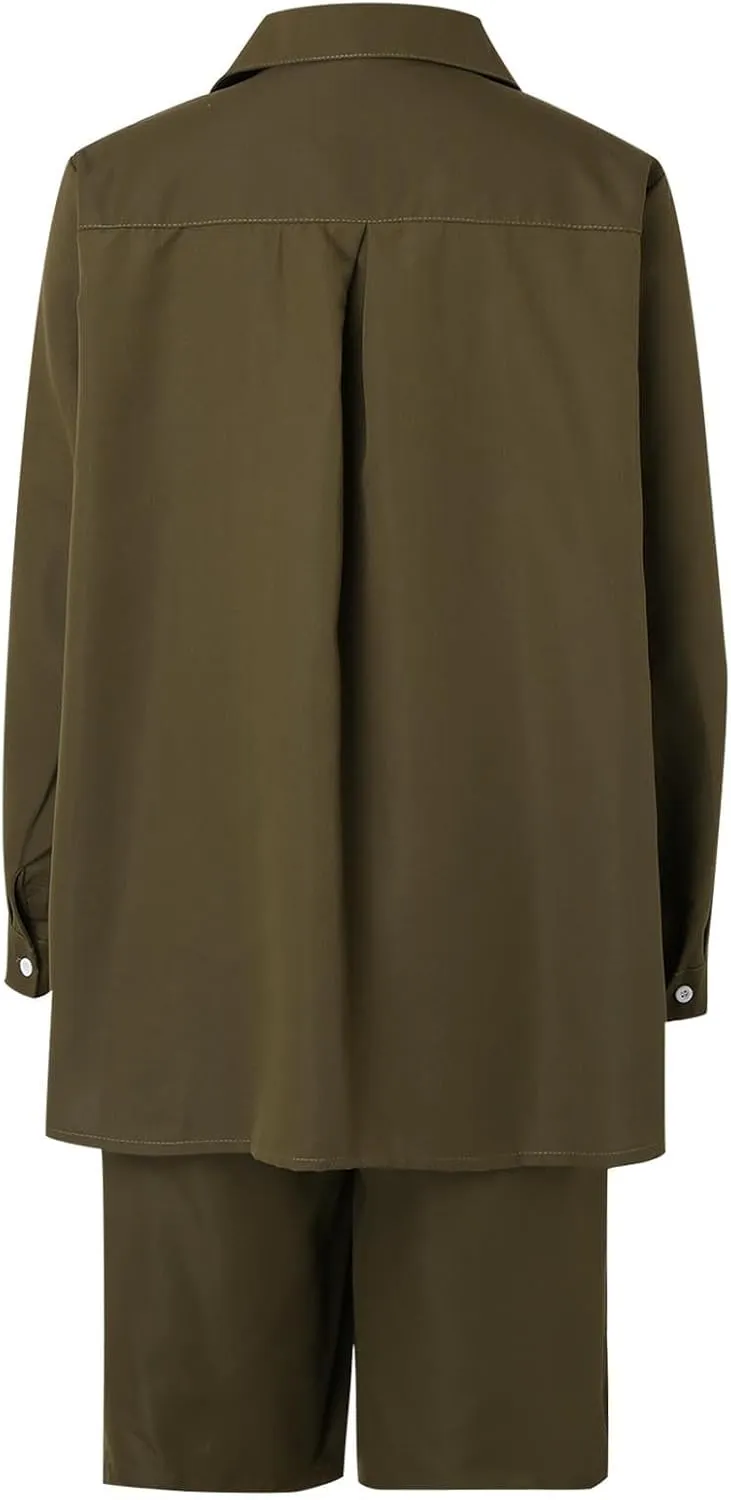 Linen Two Piece Set for Women Two Piece Tracksuit Button down 3/4 Sleeve Shirt and Shorts Set Track Suits Sweat Suit