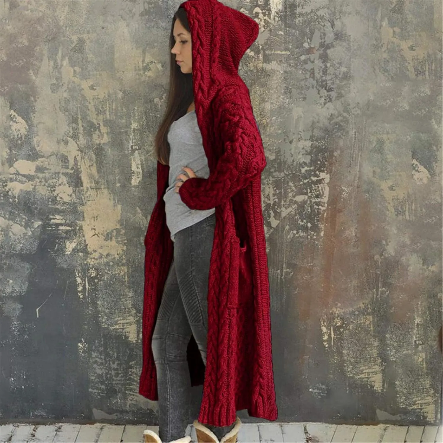 Long Cardigan Sweaters for Women Plus Size Open Front Long Sleeve Knit Warm Hooded Outwear Coat Loose Cardigans with Pockets