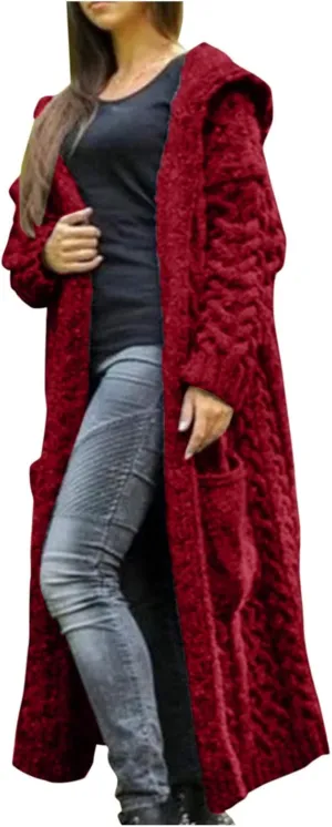 Long Cardigan Sweaters for Women Plus Size Open Front Long Sleeve Knit Warm Hooded Outwear Coat Loose Cardigans with Pockets