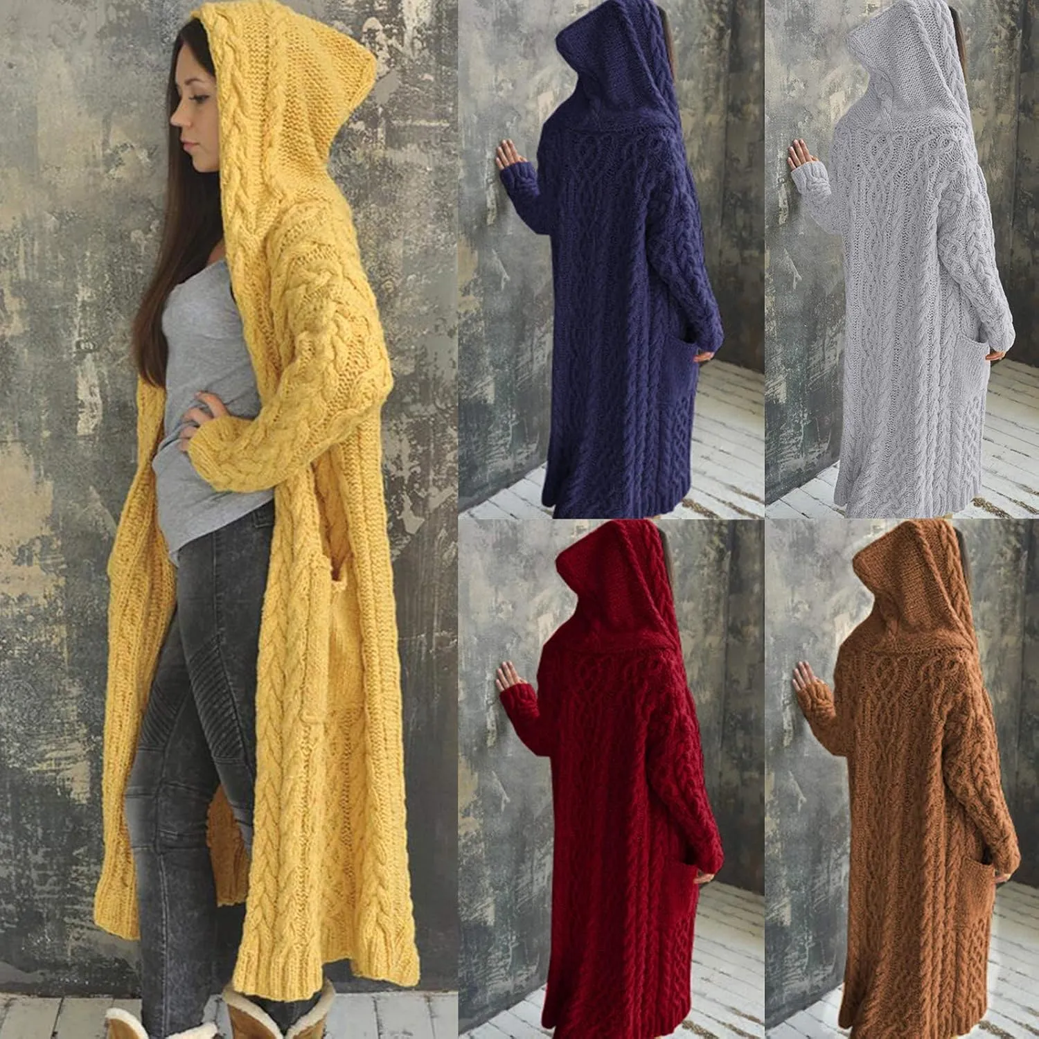 Long Cardigan Sweaters for Women Plus Size Open Front Long Sleeve Knit Warm Hooded Outwear Coat Loose Cardigans with Pockets
