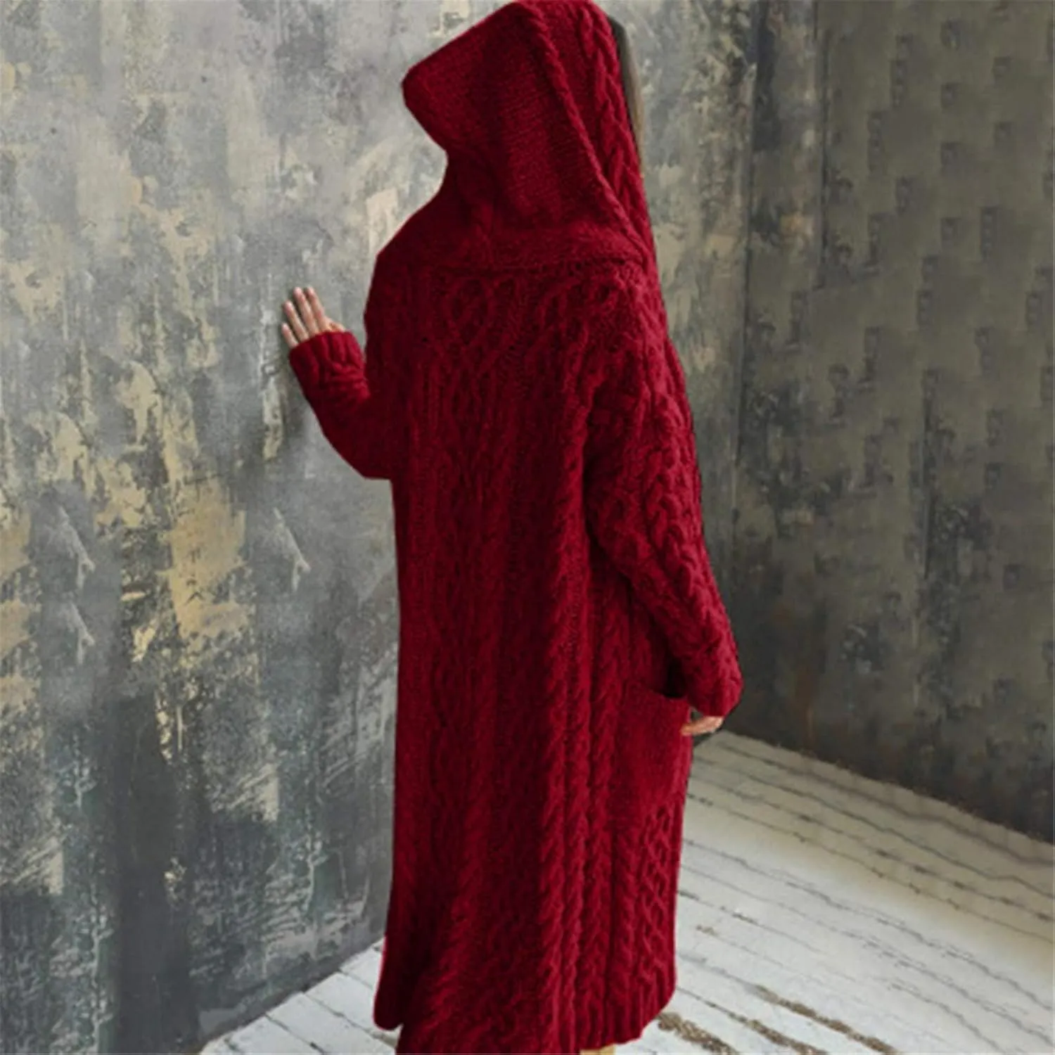 Long Cardigan Sweaters for Women Plus Size Open Front Long Sleeve Knit Warm Hooded Outwear Coat Loose Cardigans with Pockets