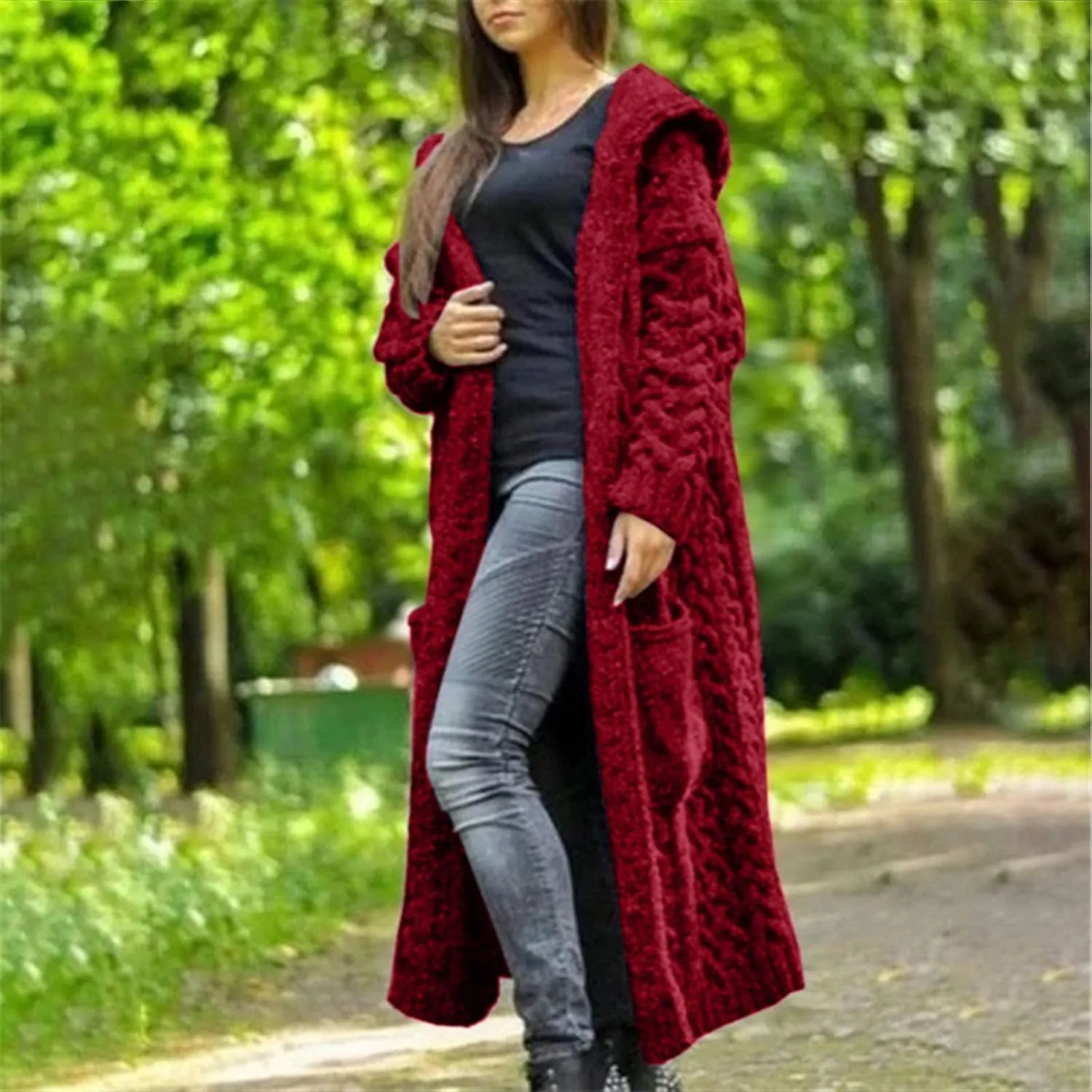 Long Cardigan Sweaters for Women Plus Size Open Front Long Sleeve Knit Warm Hooded Outwear Coat Loose Cardigans with Pockets