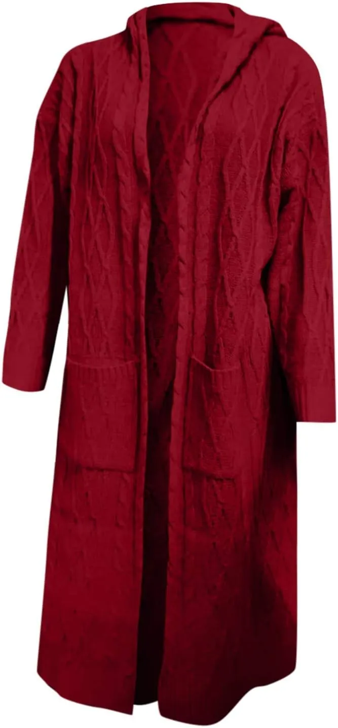 Long Cardigan Sweaters for Women Plus Size Open Front Long Sleeve Knit Warm Hooded Outwear Coat Loose Cardigans with Pockets
