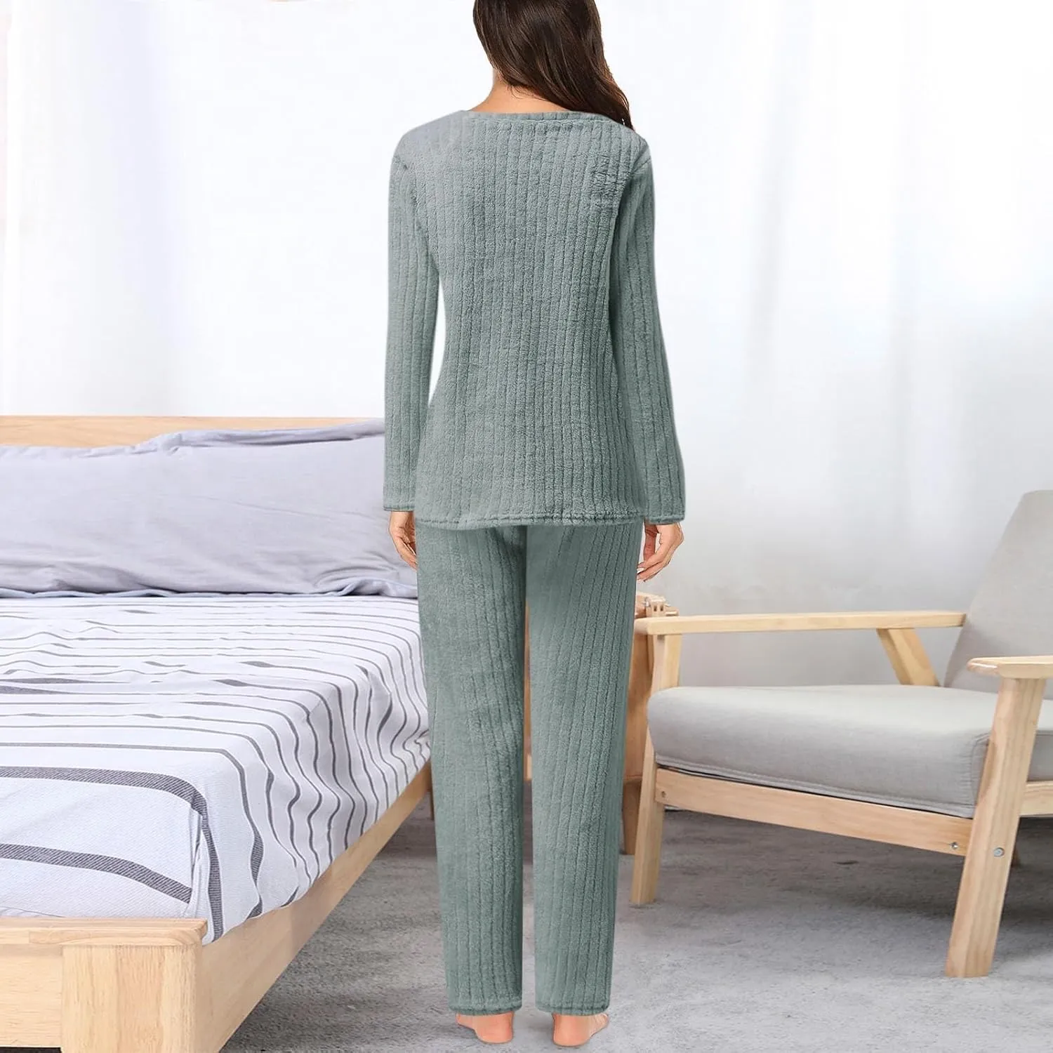 Long Sleeve Pajamas for Women 2 Piece Lounge Sets Soft Knit Pjs Cozy Sleepwear