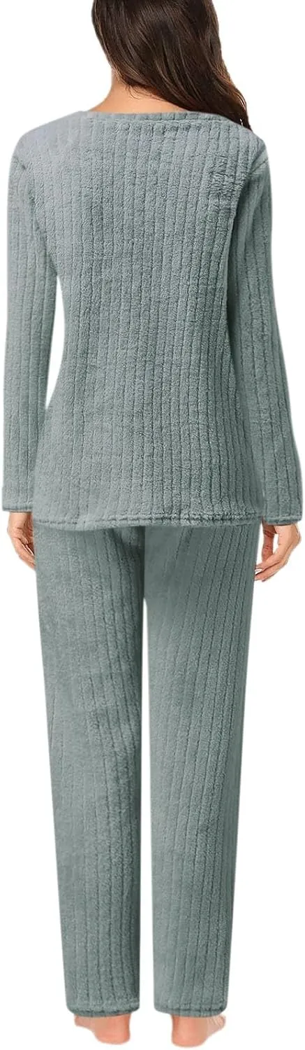 Long Sleeve Pajamas for Women 2 Piece Lounge Sets Soft Knit Pjs Cozy Sleepwear
