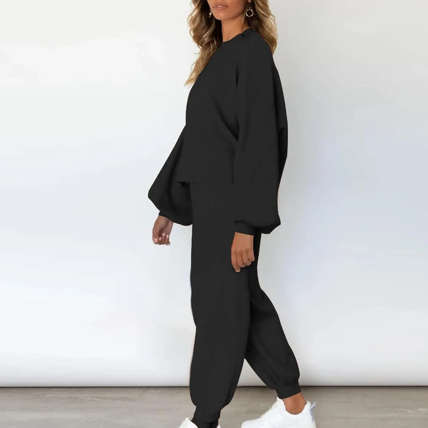 Lounge Matching Set Women Lantern Sleeve Sweatshirt and Flared Baggy Drawstring Sweatpants Commuter Cycling Clothes