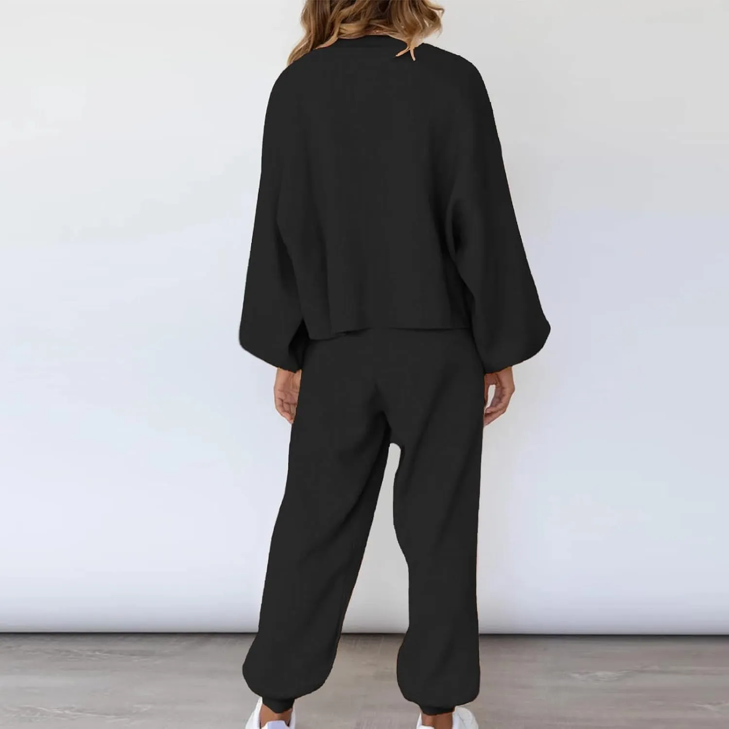 Lounge Matching Set Women Lantern Sleeve Sweatshirt and Flared Baggy Drawstring Sweatpants Commuter Cycling Clothes