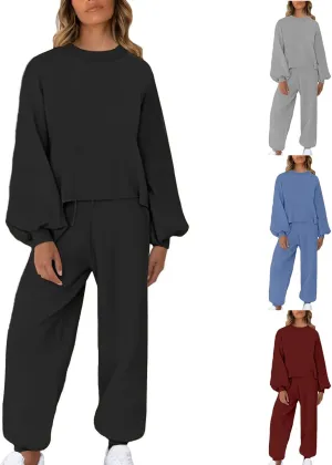 Lounge Matching Set Women Lantern Sleeve Sweatshirt and Flared Baggy Drawstring Sweatpants Commuter Cycling Clothes