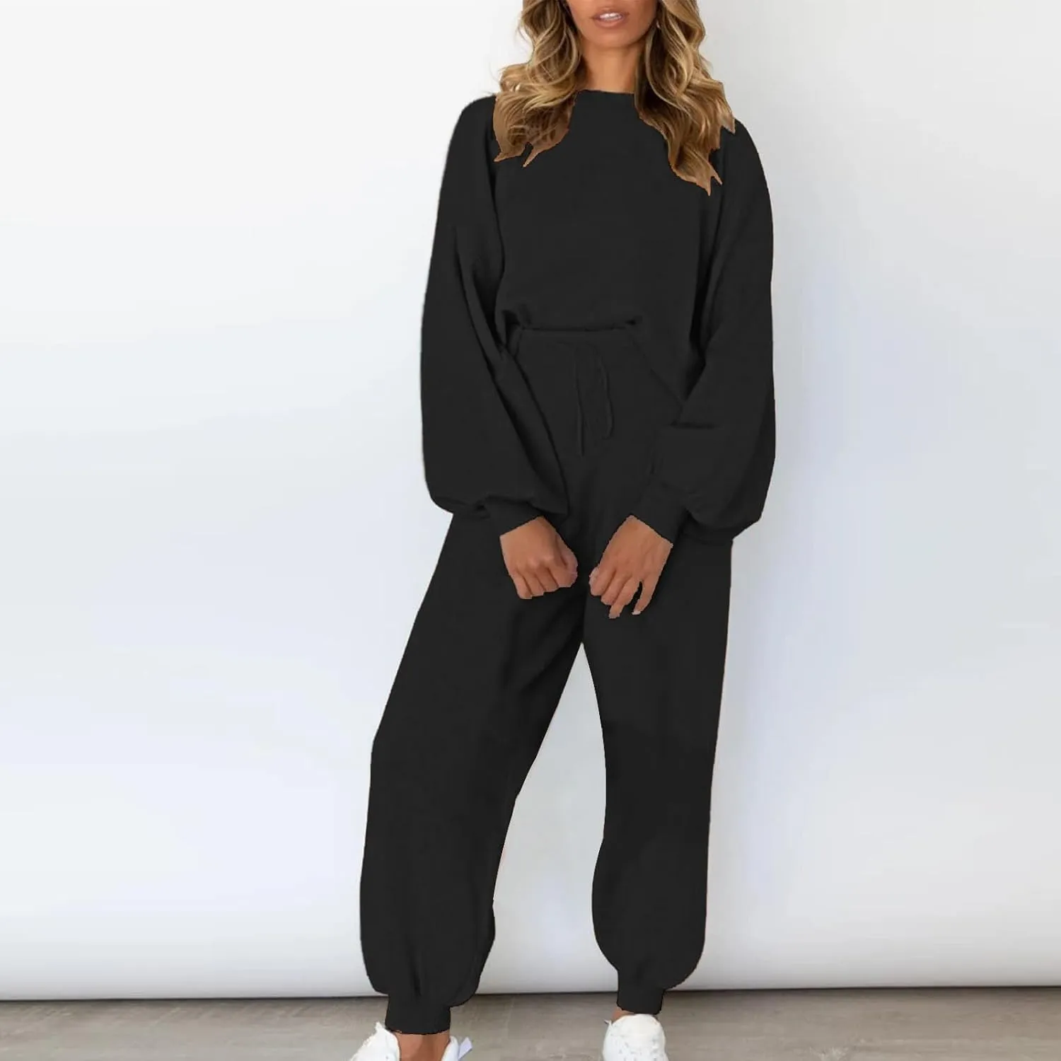 Lounge Matching Set Women Lantern Sleeve Sweatshirt and Flared Baggy Drawstring Sweatpants Commuter Cycling Clothes