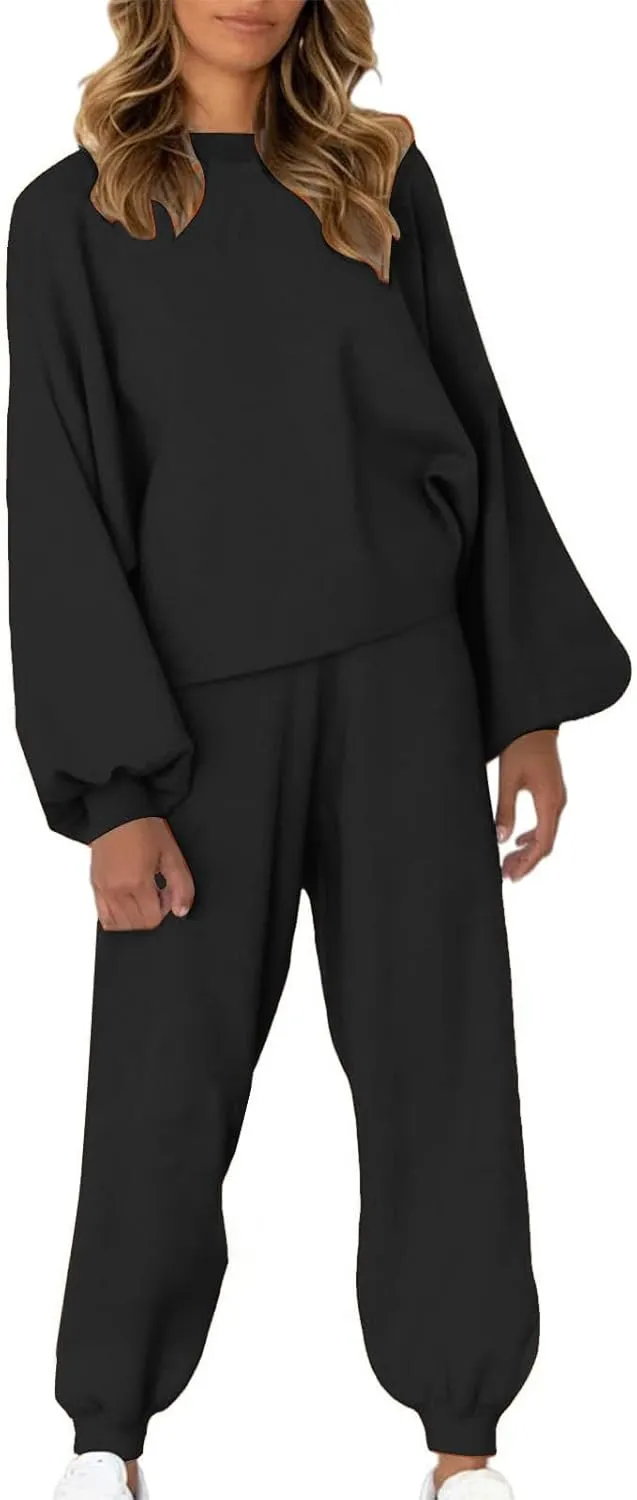 Lounge Matching Set Women Lantern Sleeve Sweatshirt and Flared Baggy Drawstring Sweatpants Commuter Cycling Clothes
