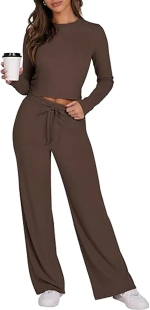 Lounge Set Women 2 Piece Outfit Casual Yoga Sets Ribbed Knit Tops and Wide Leg Pants Comfy Loungewear Soft Sweatsuit
