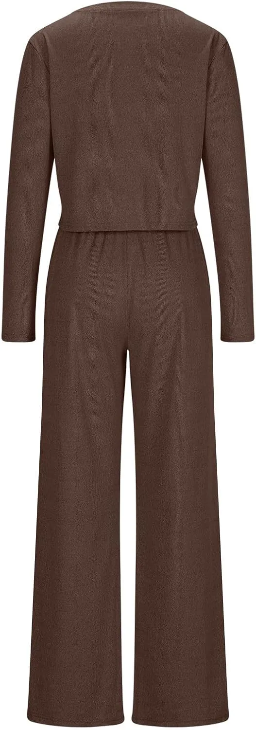 Lounge Set Women 2 Piece Outfit Casual Yoga Sets Ribbed Knit Tops and Wide Leg Pants Comfy Loungewear Soft Sweatsuit