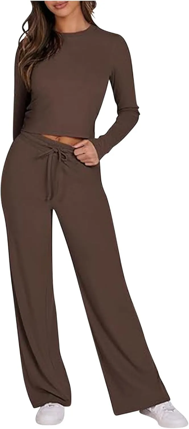 Lounge Set Women 2 Piece Outfit Casual Yoga Sets Ribbed Knit Tops and Wide Leg Pants Comfy Loungewear Soft Sweatsuit