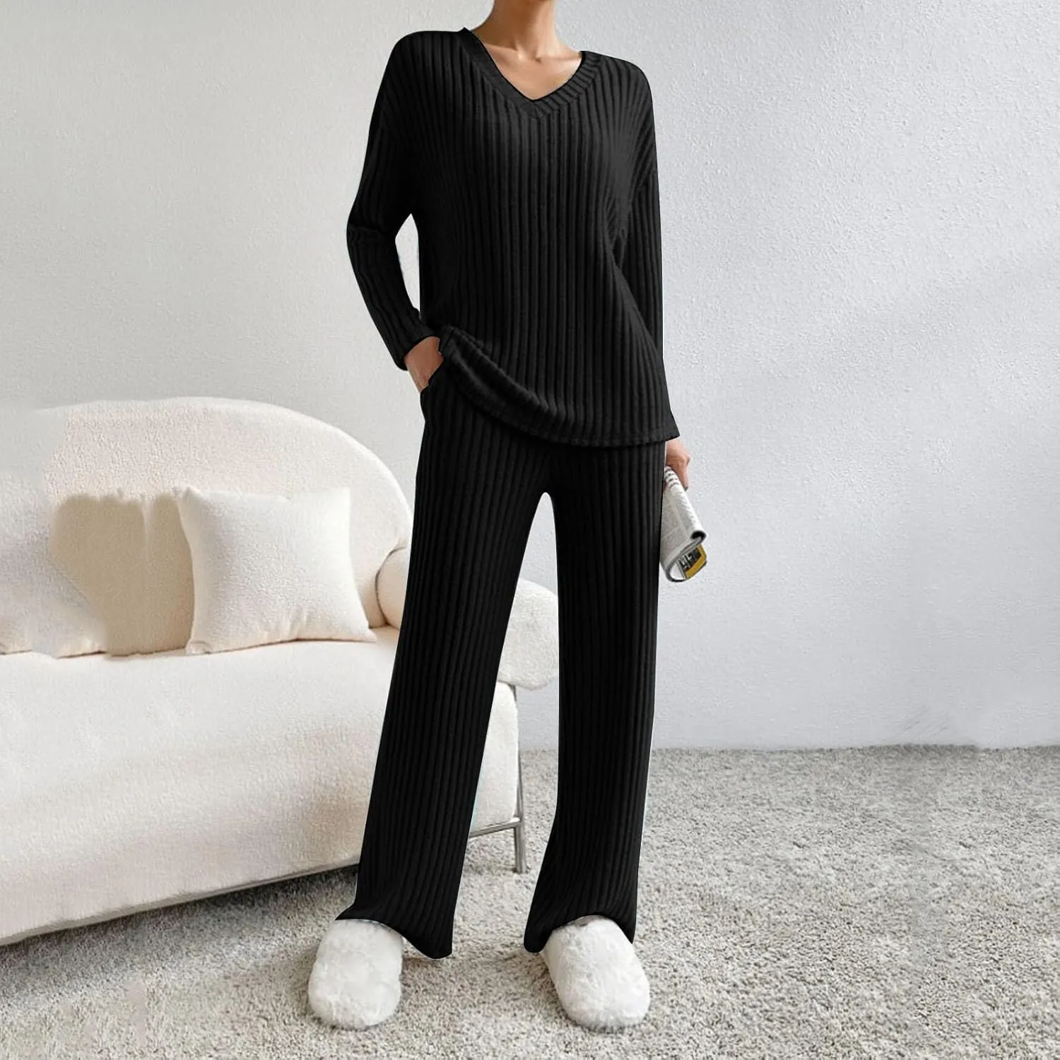 Lounge Sets for Women 2 Piece Cozy Ribbed Knitted V Neck Loungewear Sets Women Petite Length Sweatsuit with Top and Pants