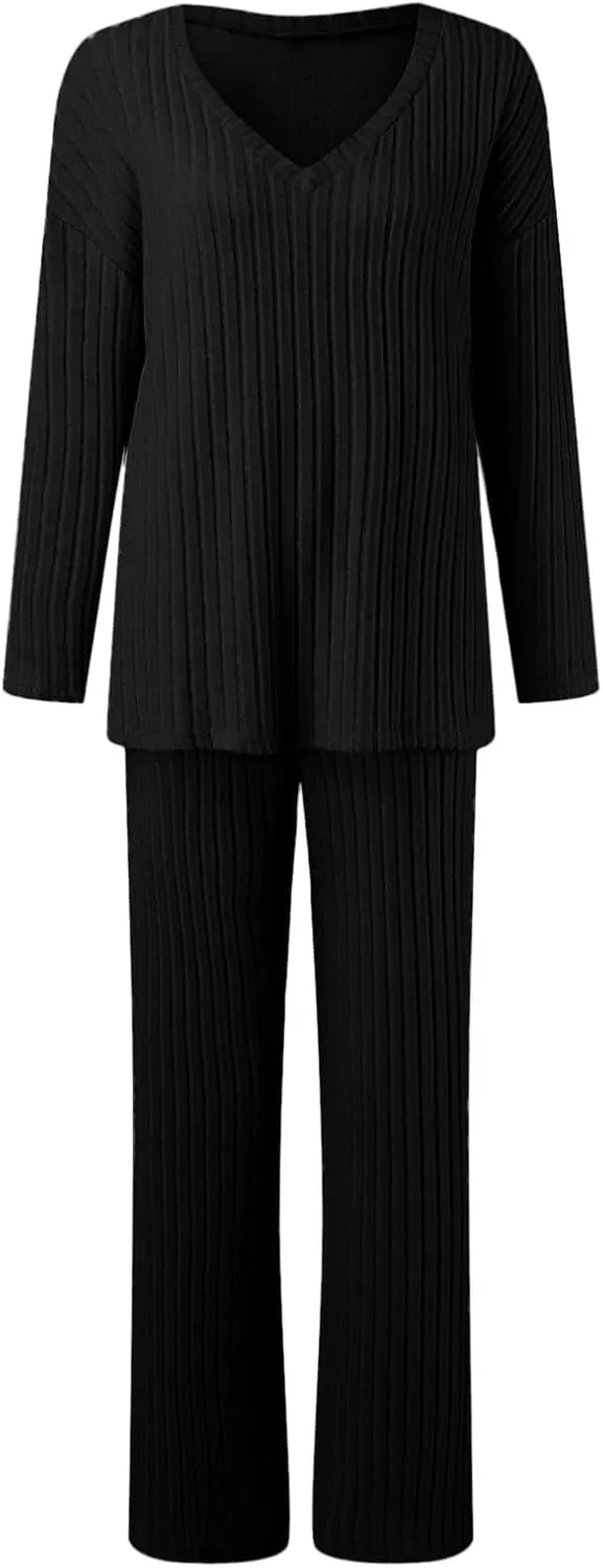 Lounge Sets for Women 2 Piece Cozy Ribbed Knitted V Neck Loungewear Sets Women Petite Length Sweatsuit with Top and Pants
