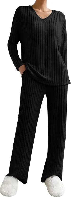Lounge Sets for Women 2 Piece Cozy Ribbed Knitted V Neck Loungewear Sets Women Petite Length Sweatsuit with Top and Pants