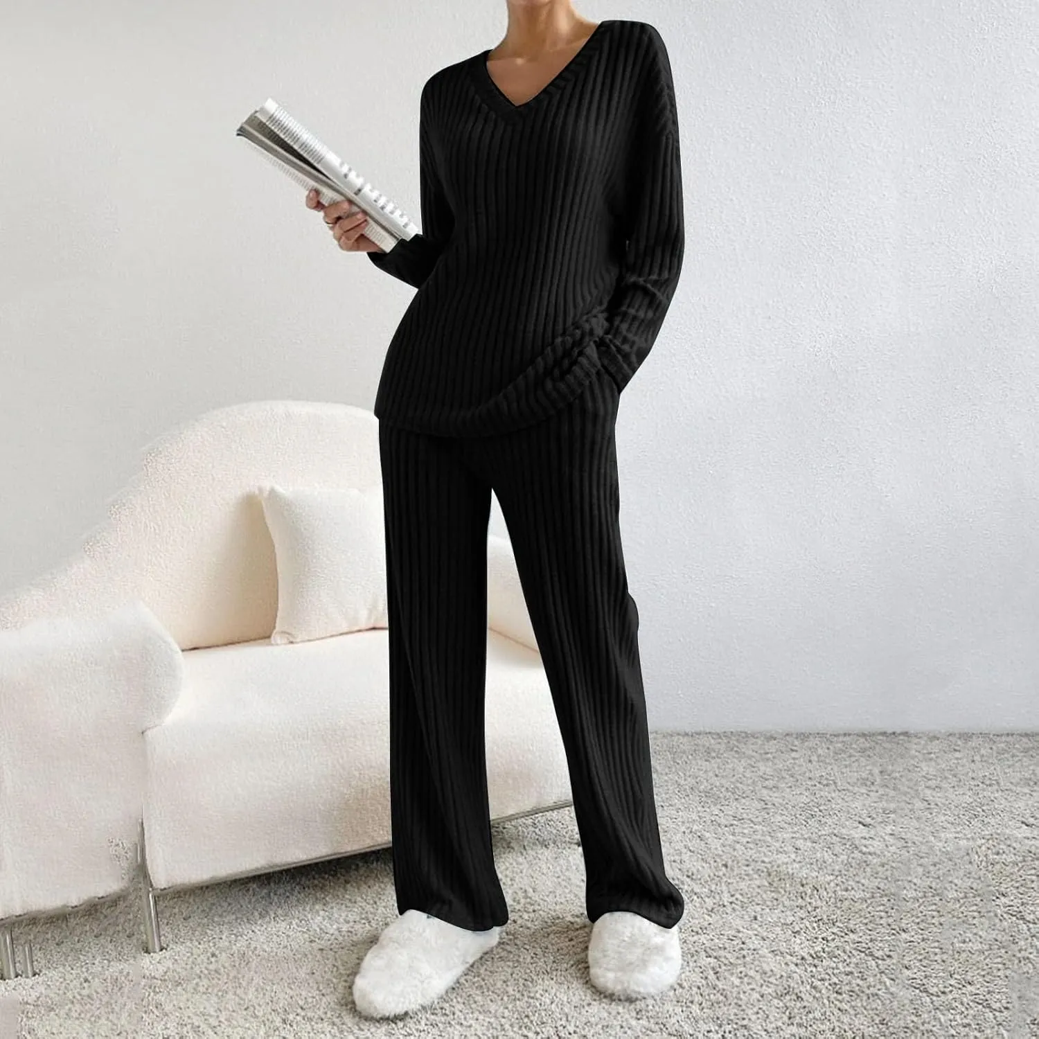 Lounge Sets for Women 2 Piece Cozy Ribbed Knitted V Neck Loungewear Sets Women Petite Length Sweatsuit with Top and Pants