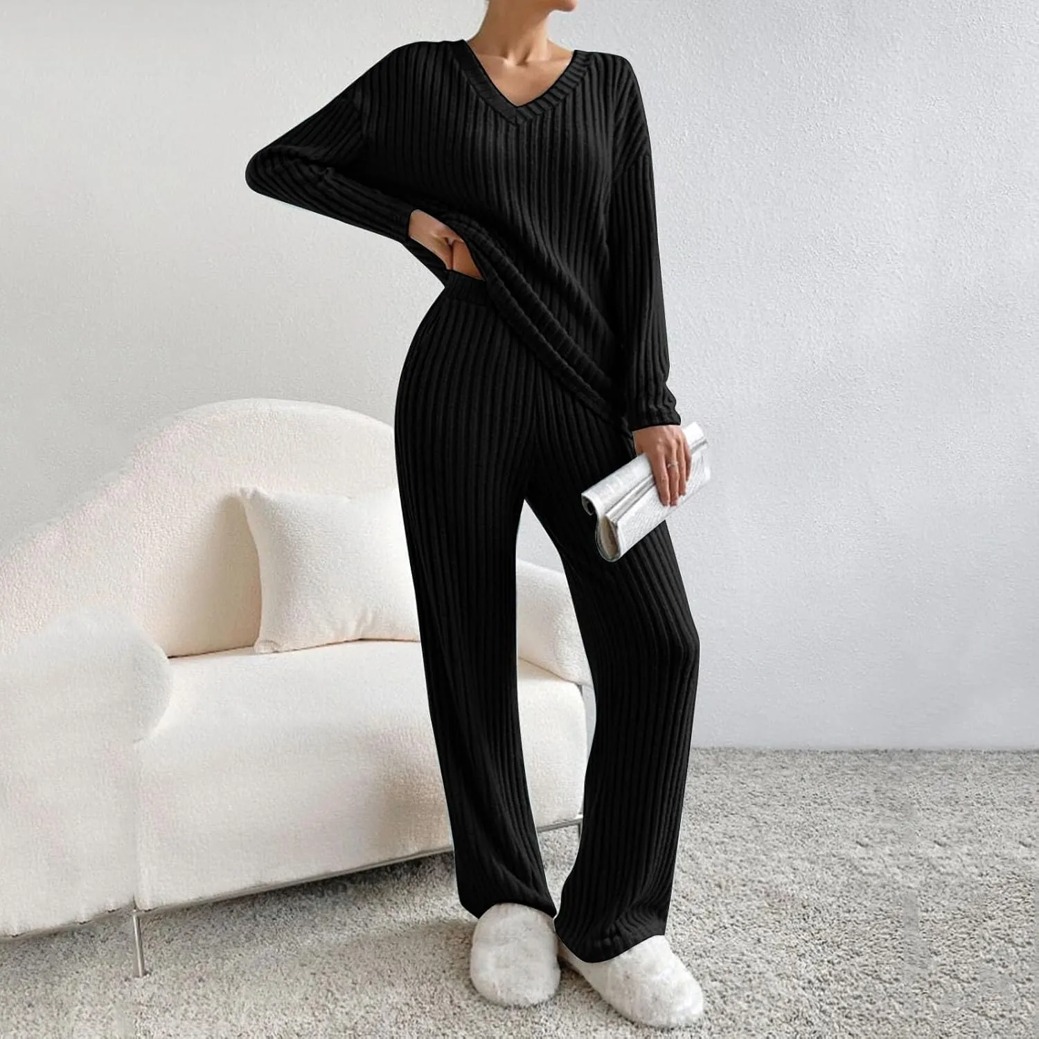 Lounge Sets for Women 2 Piece Cozy Ribbed Knitted V Neck Loungewear Sets Women Petite Length Sweatsuit with Top and Pants