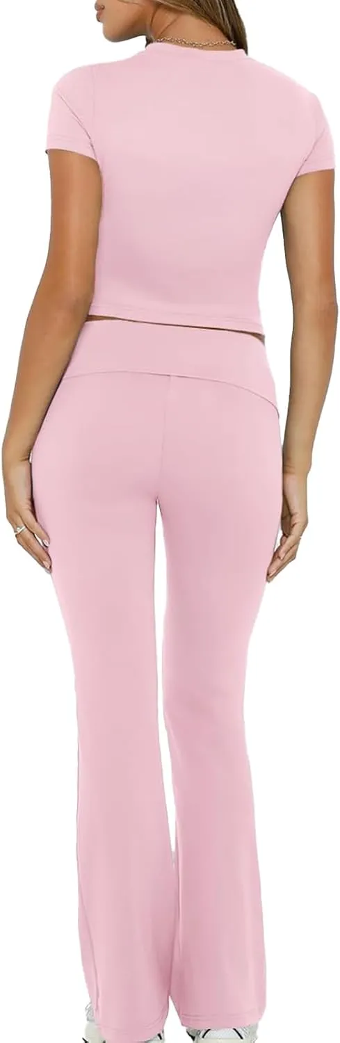 Lounge Sets for Women Slim Fit Short Sleeve Crop Tops Flare Leggings Y2K Outfits Solid Color Pant Set Tracksuit 2025