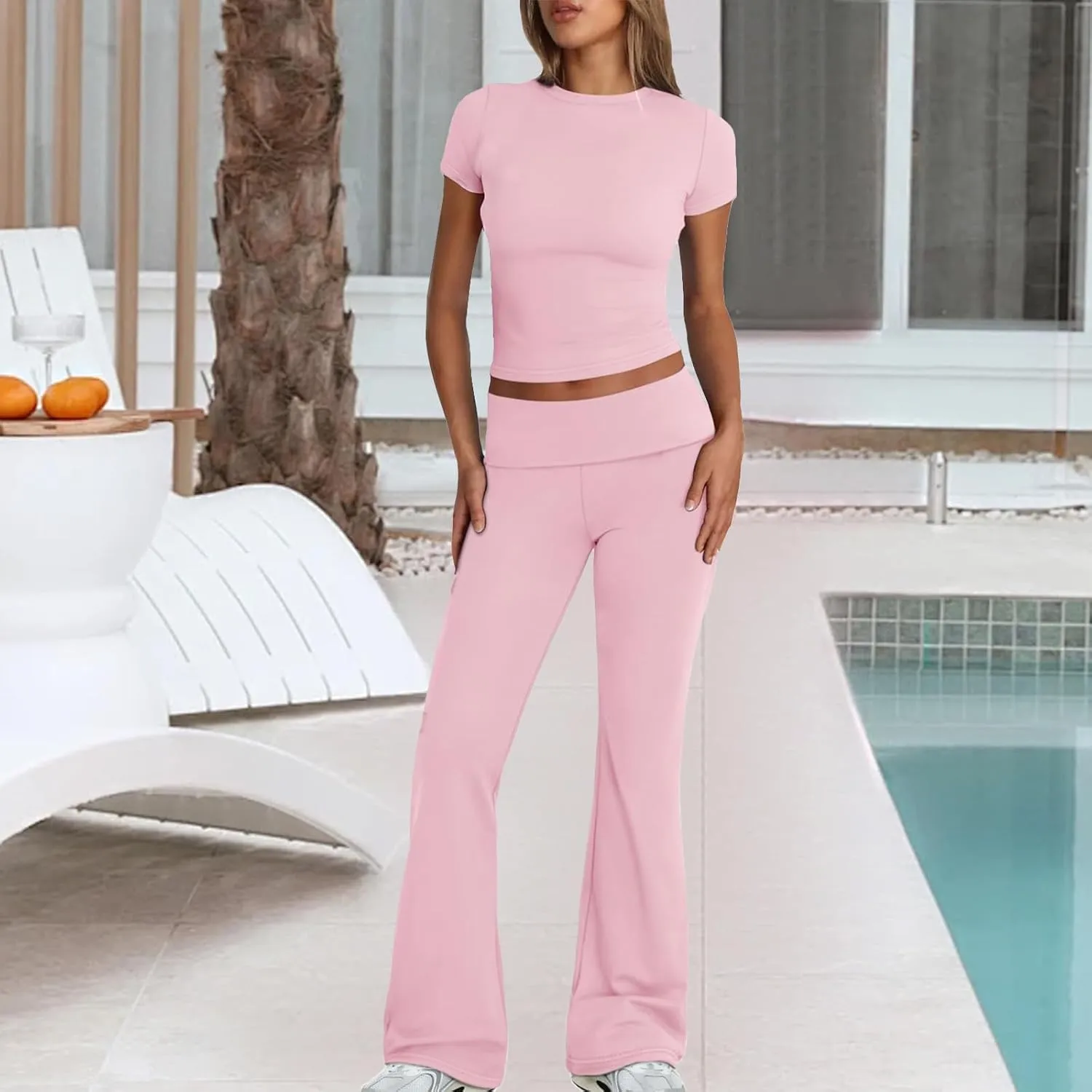Lounge Sets for Women Slim Fit Short Sleeve Crop Tops Flare Leggings Y2K Outfits Solid Color Pant Set Tracksuit 2025