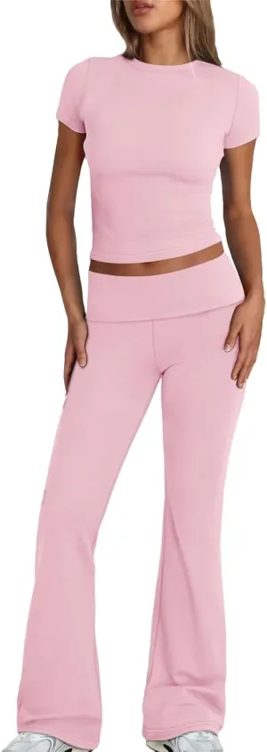 Lounge Sets for Women Slim Fit Short Sleeve Crop Tops Flare Leggings Y2K Outfits Solid Color Pant Set Tracksuit 2025