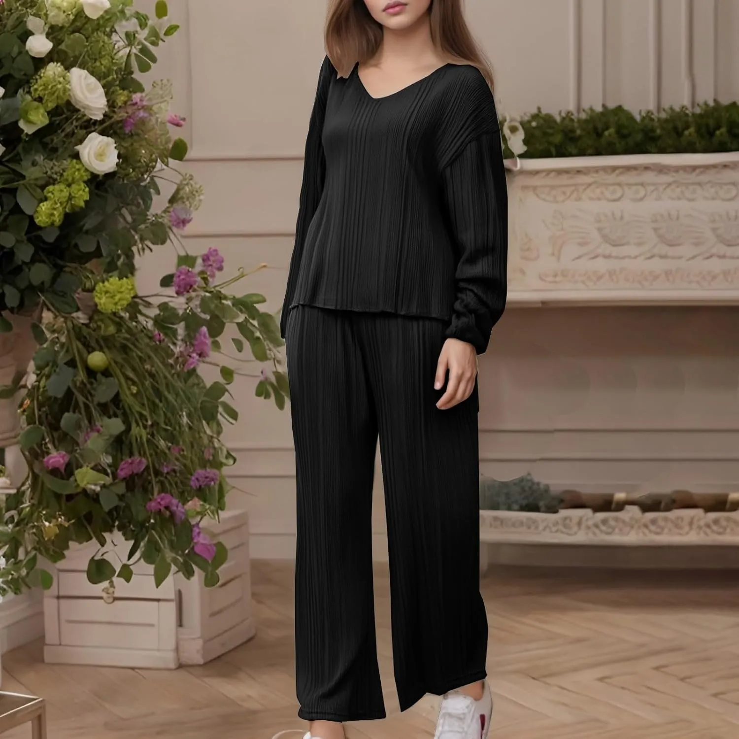 Lounge Sets for Women Spring Long Sleeve Knit Sweater Loose V Neck Pullover Wide Leg Pants 2 Piece Outfits Soft Tracksuits