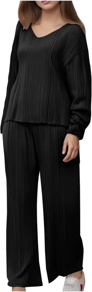 Lounge Sets for Women Spring Long Sleeve Knit Sweater Loose V Neck Pullover Wide Leg Pants 2 Piece Outfits Soft Tracksuits