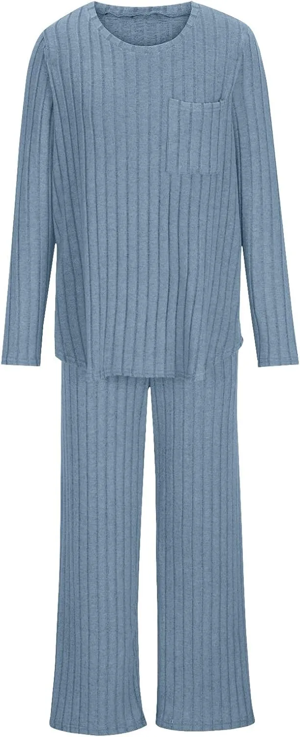 Lounge Sets for Women Two Piece Outfits Crewneck Ribbed Knit Sweater and Wide Leg Pants Casual Comfy Loungewear
