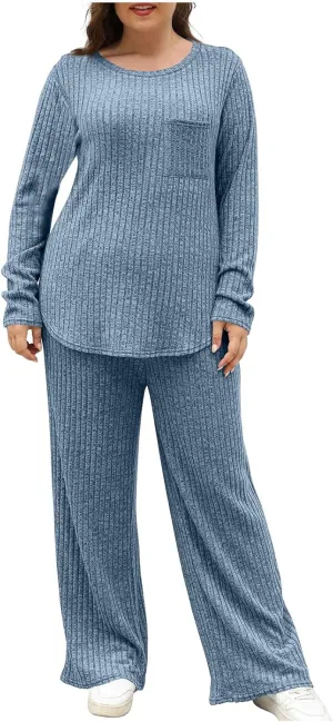 Lounge Sets for Women Two Piece Outfits Crewneck Ribbed Knit Sweater and Wide Leg Pants Casual Comfy Loungewear