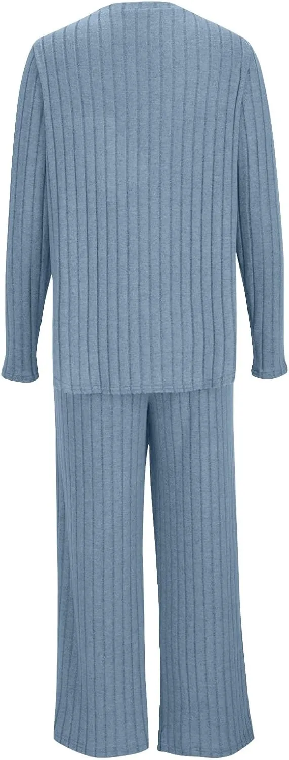 Lounge Sets for Women Two Piece Outfits Crewneck Ribbed Knit Sweater and Wide Leg Pants Casual Comfy Loungewear