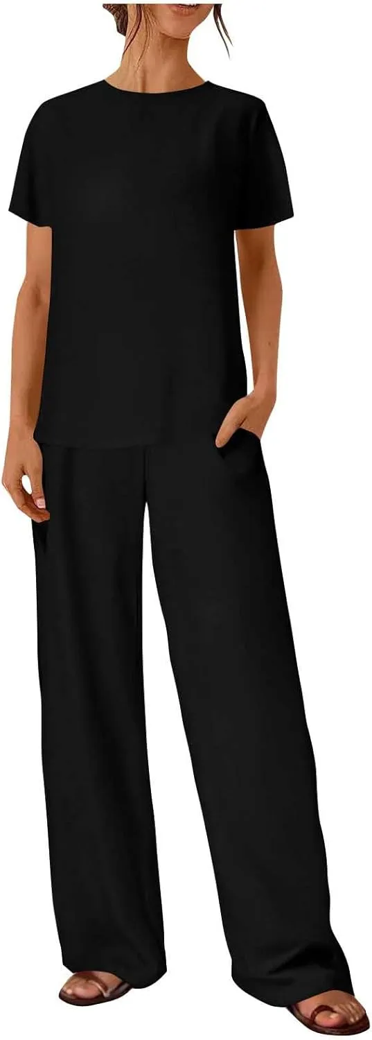 Lounge Sets for Women Two Piece Summer Cotton Linen Outfits Short Sleeve Comfy Tshirt Wide Leg Pants Comfy Sets