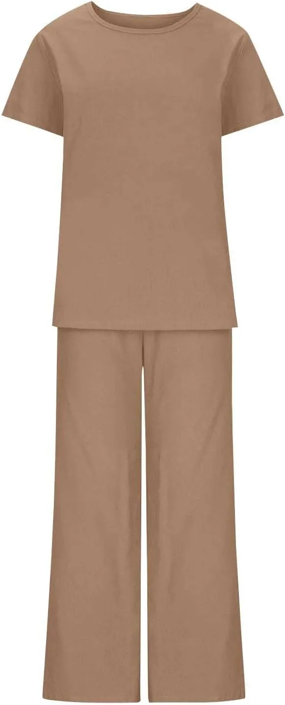 Lounge Sets for Women Two Piece Summer Cotton Linen Outfits Short Sleeve Comfy Tshirt Wide Leg Pants Comfy Sets