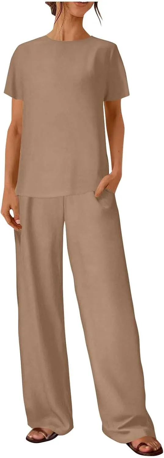 Lounge Sets for Women Two Piece Summer Cotton Linen Outfits Short Sleeve Comfy Tshirt Wide Leg Pants Comfy Sets