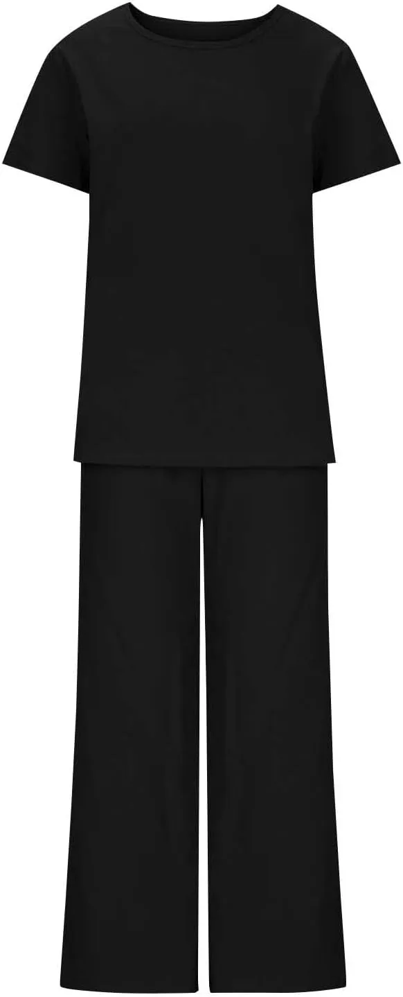 Lounge Sets for Women Two Piece Summer Cotton Linen Outfits Short Sleeve Comfy Tshirt Wide Leg Pants Comfy Sets