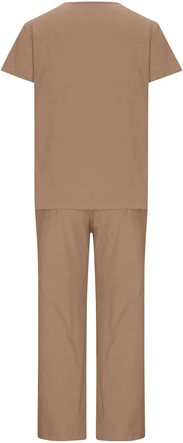 Lounge Sets for Women Two Piece Summer Cotton Linen Outfits Short Sleeve Comfy Tshirt Wide Leg Pants Comfy Sets