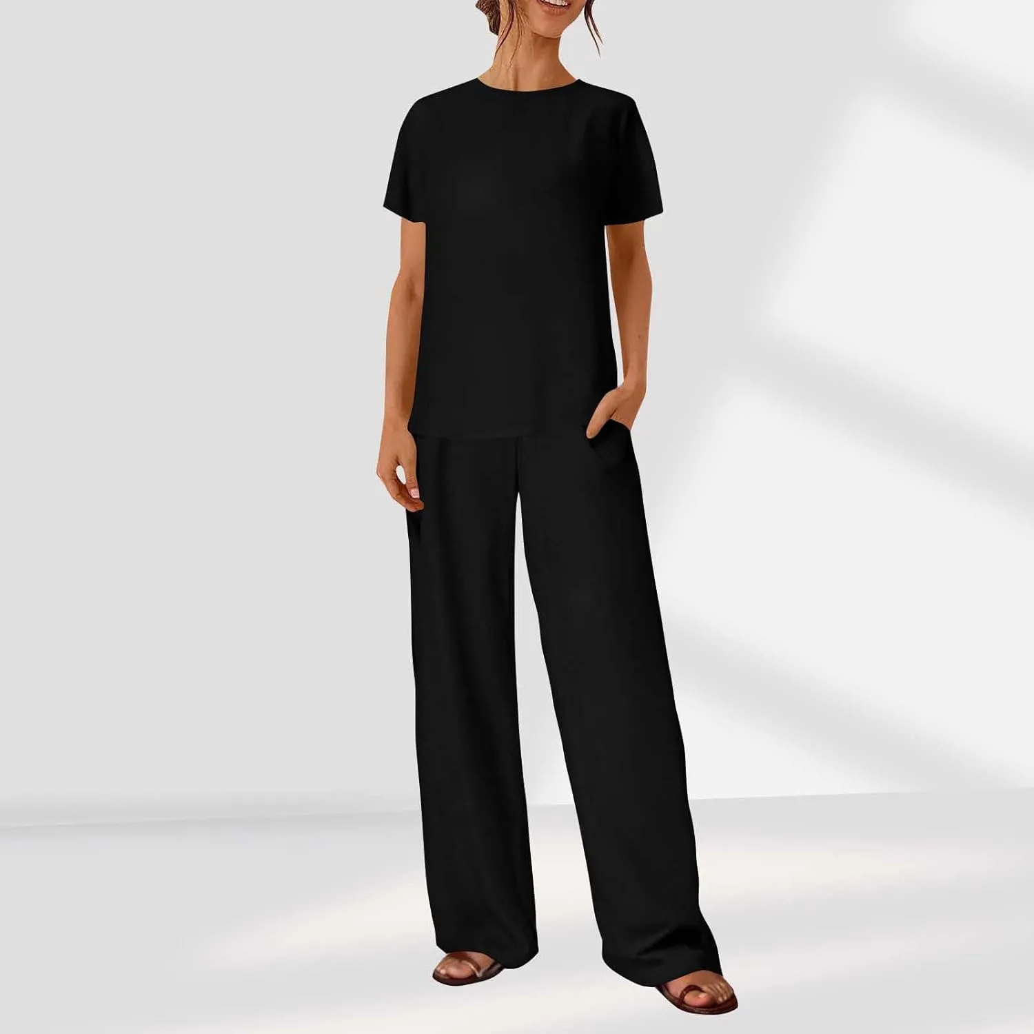 Lounge Sets for Women Two Piece Summer Cotton Linen Outfits Short Sleeve Comfy Tshirt Wide Leg Pants Comfy Sets