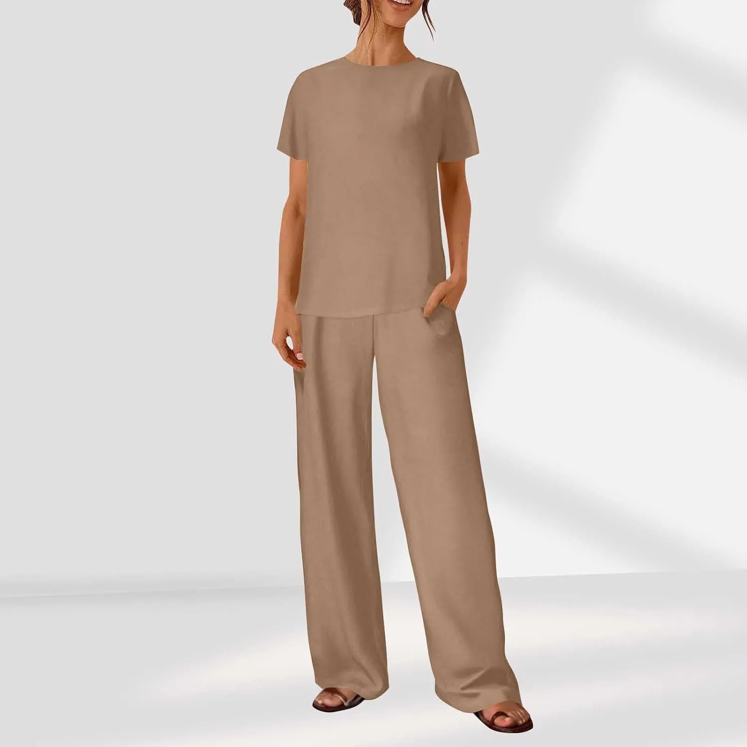 Lounge Sets for Women Two Piece Summer Cotton Linen Outfits Short Sleeve Comfy Tshirt Wide Leg Pants Comfy Sets