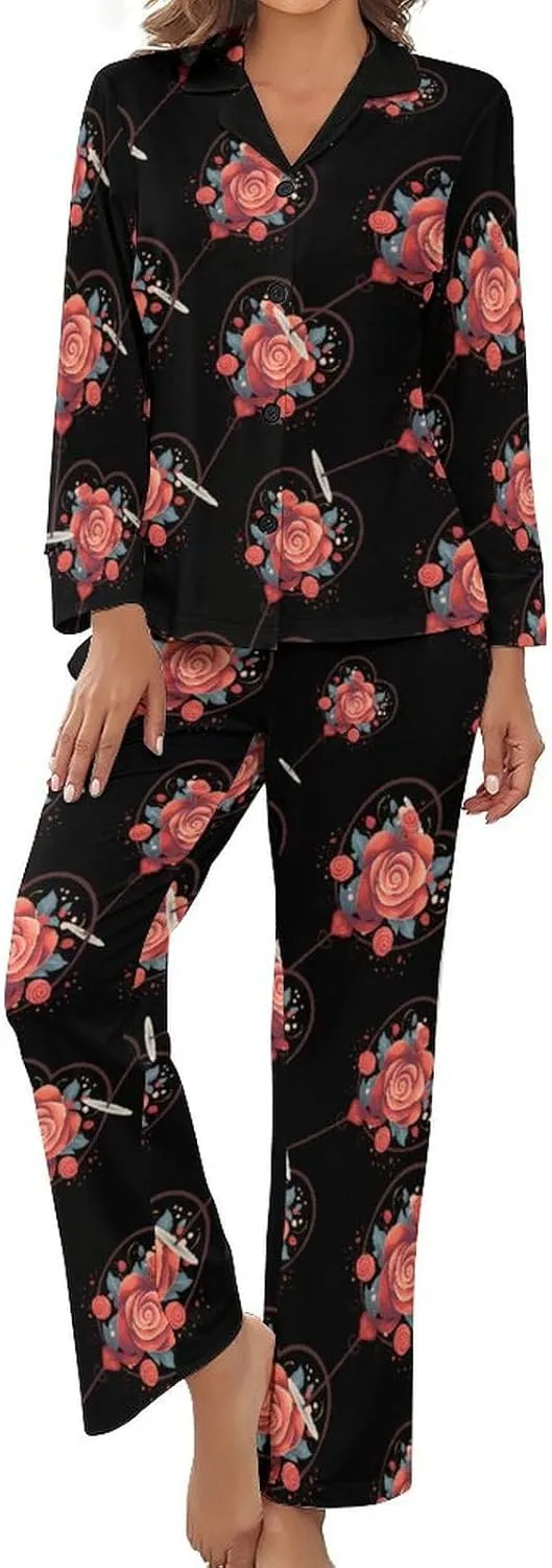 Love Heart Shaped Lollipop Womens Pajamas Satin PJ Set Button Down Loungewear Set 2 Piece Lounge Sets
