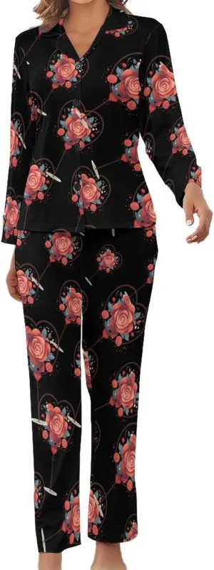 Love Heart Shaped Lollipop Womens Pajamas Satin PJ Set Button Down Loungewear Set 2 Piece Lounge Sets