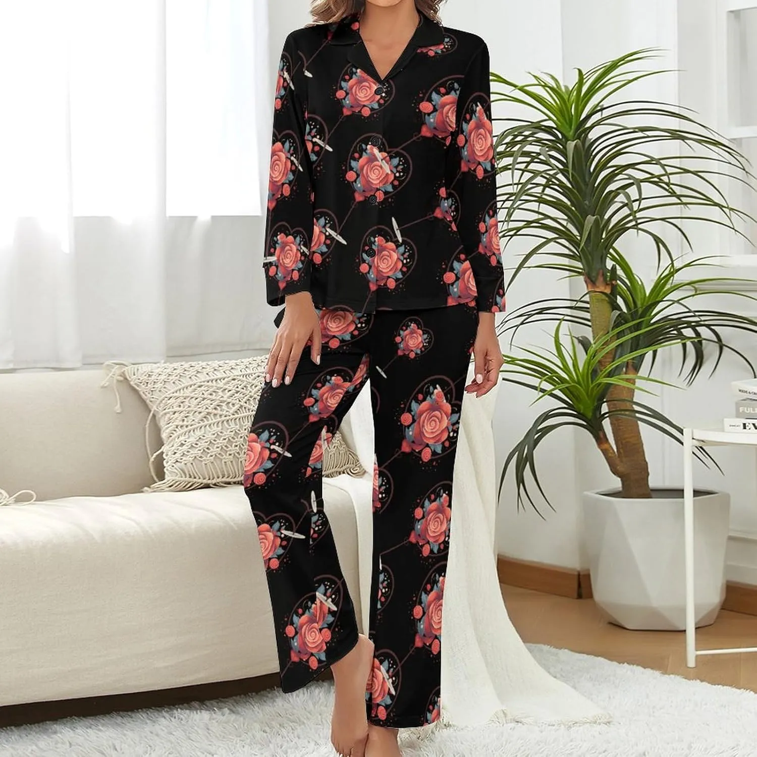 Love Heart Shaped Lollipop Womens Pajamas Satin PJ Set Button Down Loungewear Set 2 Piece Lounge Sets