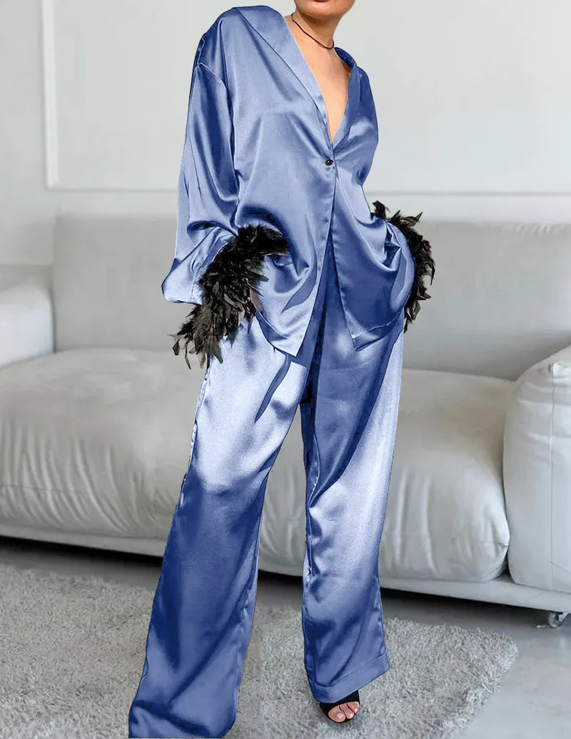 Luxe Feather Patchwork Satin Pajama Set