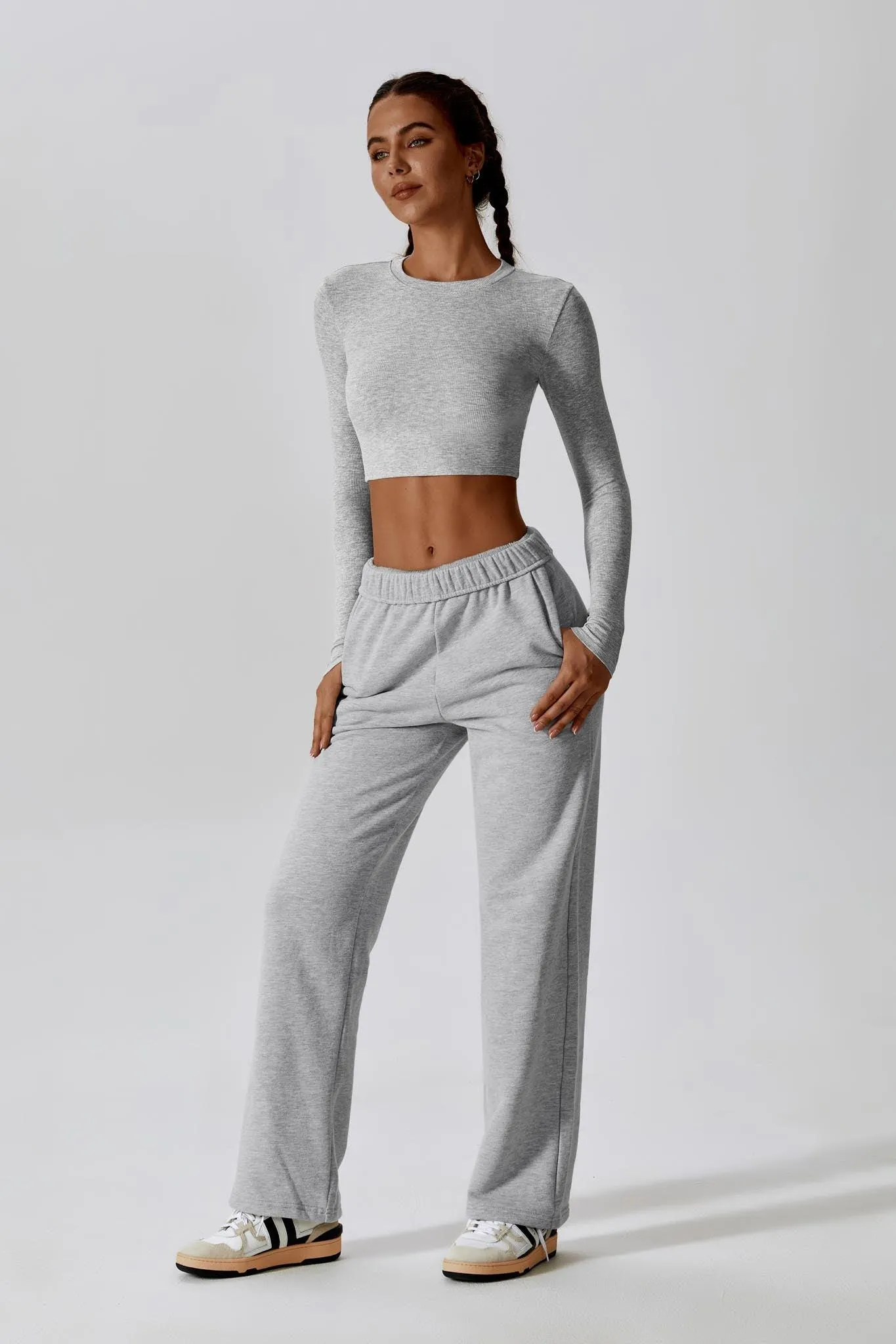 Madison Long Sleeve Crop Top - Rhino Grey (FINAL SALE)