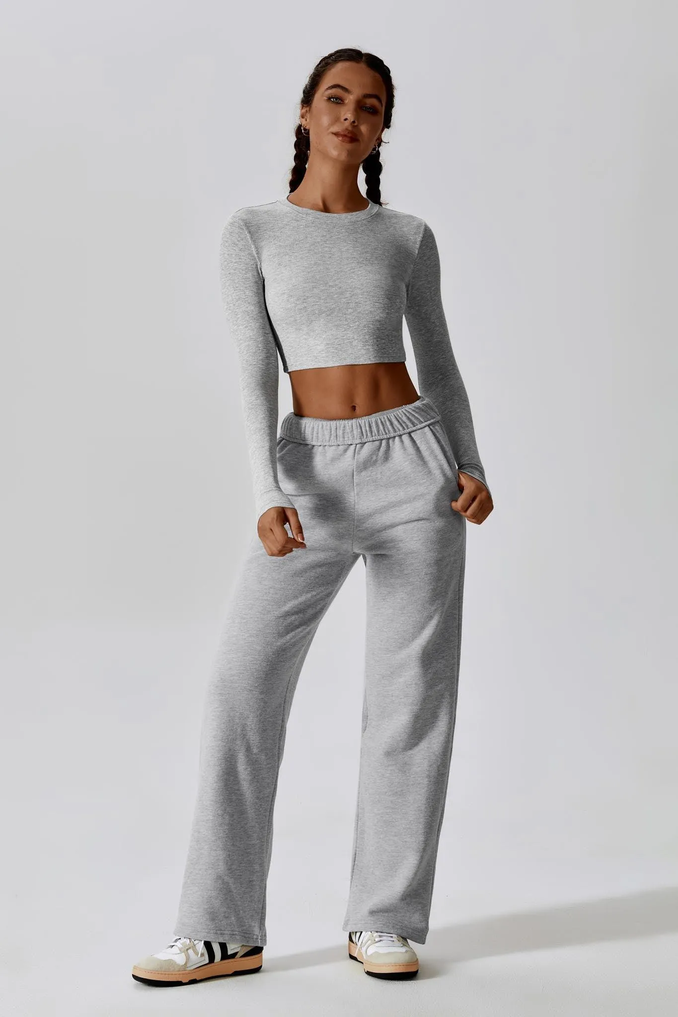 Madison Long Sleeve Crop Top - Rhino Grey (FINAL SALE)