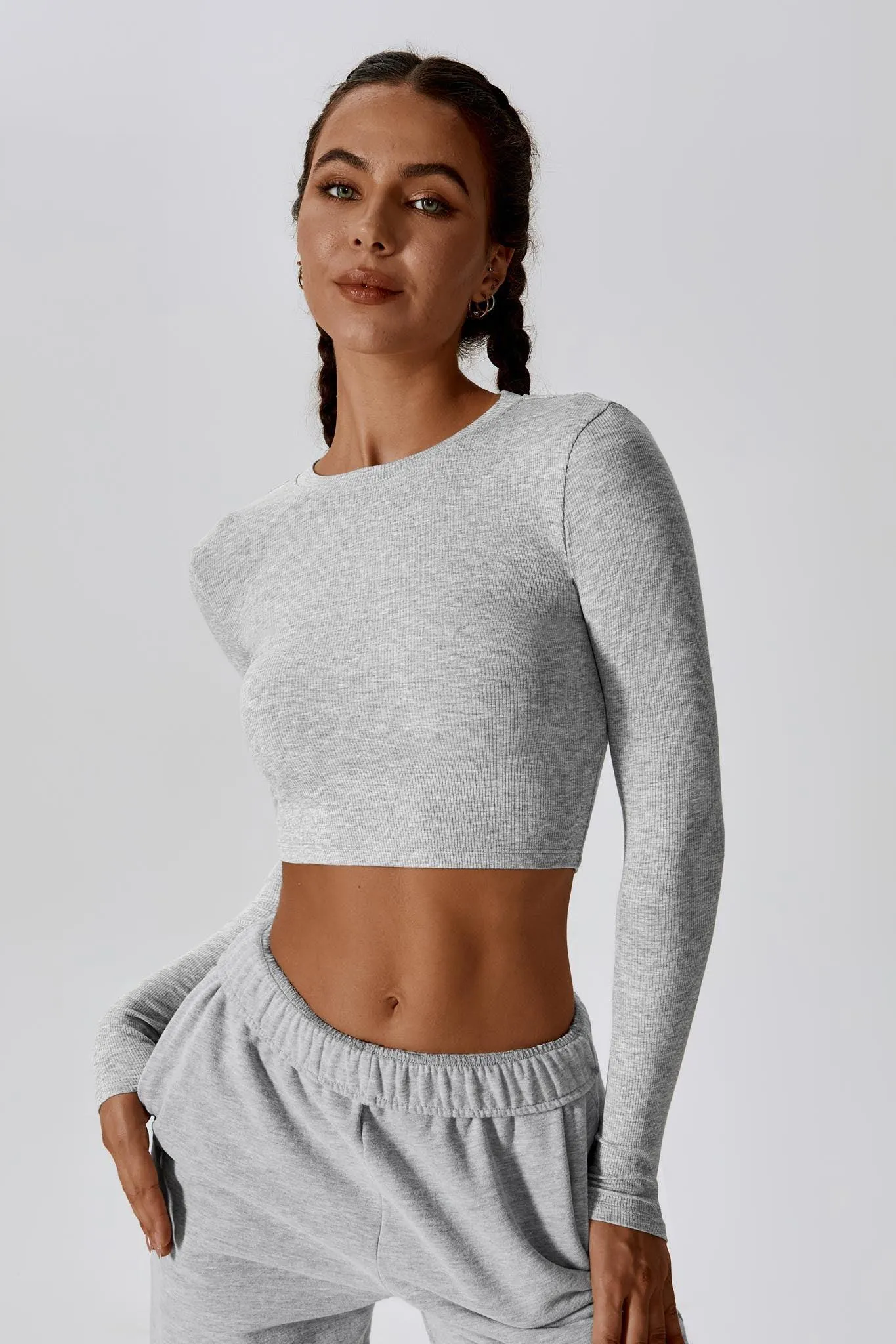 Madison Long Sleeve Crop Top - Rhino Grey (FINAL SALE)