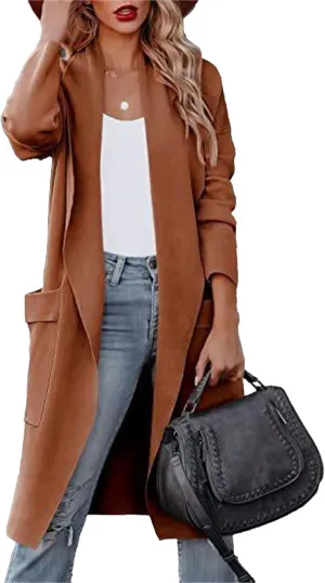Maiyifu-GJ Women's Long Wool Blend Cardigan Sweaters Long Sleeve Lapel Casual Trench Coat Spring Fall Long Jacket Overcoat
